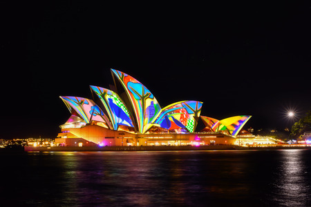 SYDNEY, AUSTRALIA - May 27, 2016, Sydney Opera House illuminated with colourful light design imagery, during the Vivid Sydney 2016 annual public event.のeditorial素材