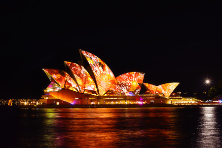SYDNEY, AUSTRALIA - May 27, 2016, Sydney Opera House illuminated with colourful light design imagery, during the Vivid Sydney 2016 annual public event.のeditorial素材