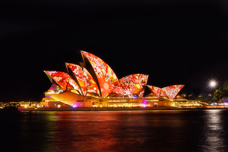 SYDNEY, AUSTRALIA - May 27, 2016, Sydney Opera House illuminated with colourful light design imagery, during the Vivid Sydney 2016 annual public event.のeditorial素材