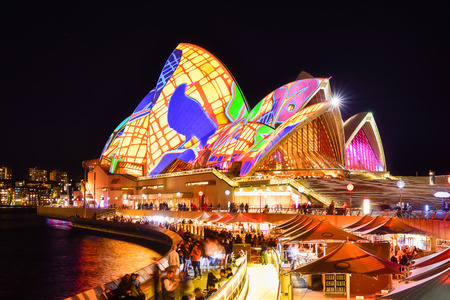 SYDNEY, AUSTRALIA - May 29, 2016, Sydney Opera House illuminated with colourful light design imagery, during the Vivid Sydney 2016 annual public event.のeditorial素材