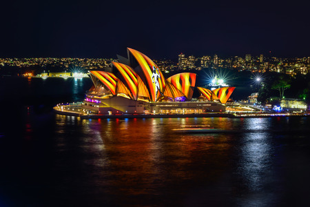 SYDNEY, AUSTRALIA - June 6, 2016, Sydney Opera House illuminated with colourful light design imagery, during the Vivid Sydney 2016 annual public event.のeditorial素材