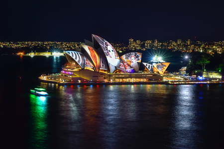 SYDNEY, AUSTRALIA - June 6, 2016, Sydney Opera House illuminated with colourful light design imagery, during the Vivid Sydney 2016 annual public event.のeditorial素材