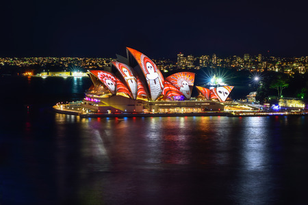 SYDNEY, AUSTRALIA - June 6, 2016, Sydney Opera House illuminated with colourful light design imagery, during the Vivid Sydney 2016 annual public event.のeditorial素材