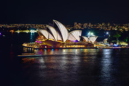 SYDNEY, AUSTRALIA - June 6, 2016, Sydney Opera House illuminated with colourful light design imagery, during the Vivid Sydney 2016 annual public event.のeditorial素材