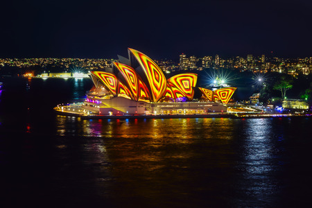 SYDNEY, AUSTRALIA - June 6, 2016, Sydney Opera House illuminated with colourful light design imagery, during the Vivid Sydney 2016 annual public event.のeditorial素材