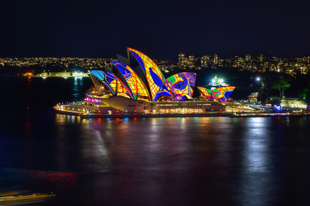 SYDNEY, AUSTRALIA - June 6, 2016, Sydney Opera House illuminated with colourful light design imagery, during the Vivid Sydney 2016 annual public event.のeditorial素材