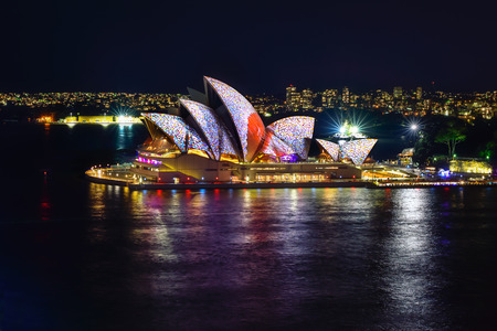 SYDNEY, AUSTRALIA - June 6, 2016, Sydney Opera House illuminated with colourful light design imagery, during the Vivid Sydney 2016 annual public event.のeditorial素材