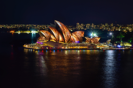 SYDNEY, AUSTRALIA - June 6, 2016, Sydney Opera House illuminated with colourful light design imagery, during the Vivid Sydney 2016 annual public event.のeditorial素材
