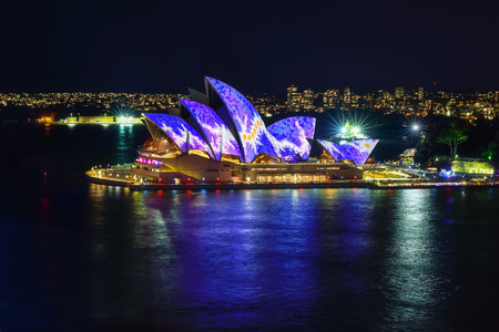 SYDNEY, AUSTRALIA - June 6, 2016, Sydney Opera House illuminated with colourful light design imagery, during the Vivid Sydney 2016 annual public event.のeditorial素材