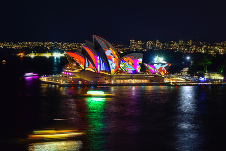 SYDNEY, AUSTRALIA - June 6, 2016, Sydney Opera House illuminated with colourful light design imagery, during the Vivid Sydney 2016 annual public event.のeditorial素材