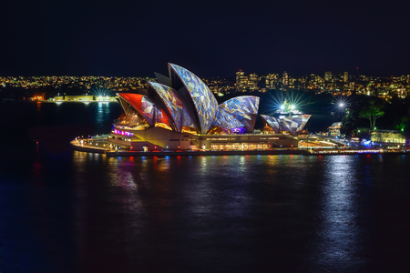 SYDNEY, AUSTRALIA - June 6, 2016, Sydney Opera House illuminated with colourful light design imagery, during the Vivid Sydney 2016 annual public event.のeditorial素材