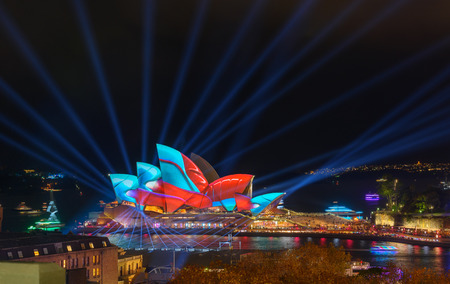 SYDNEY, AUSTRALIA - June 2, 2017, Sydney Opera House illuminated with colourful light design imagery, during the Sydney Vivid show. Sydney 2017 annual public event.