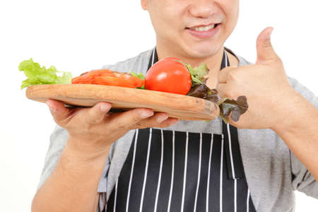 Fat man cook. Concepts of healthy eating for the elderly. White background. isolatedの写真素材