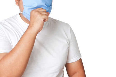 Asian fat man wearing blue cloth mask, raise hands, close mouth, cough Prevent the spread of the virus. Coronavirus protection concept. White background. Social distance. Clipping Pathの写真素材