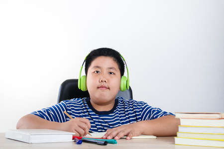 Asian boys study online from home via video call By using a laptop computer to communicate with...