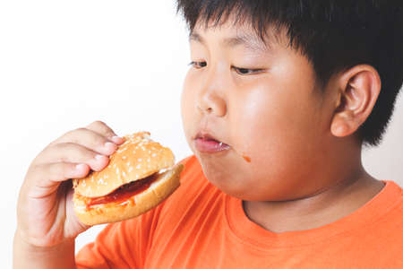 Asian fat boy eats hamburgers. Food concepts that cause children's physical health problems Causing easy diseases such as obesity. White background. isolated. copy spaceの写真素材