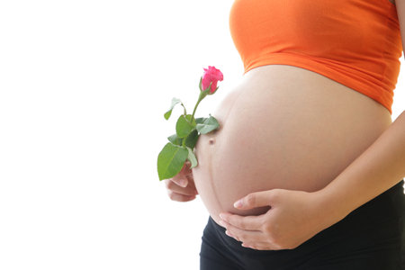 Pregnant women, big belly near birth, she is healthy and holds red roses. White background. Mother and child care conceptの写真素材