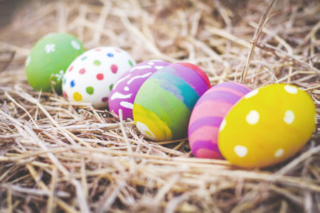 Easter eggs placed on hay. Festival