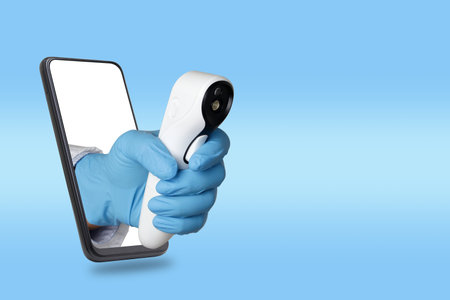 Black smartphone concept Connect to communication via online technology. The doctor can examine the patient via video call. Body temperature measurementの写真素材