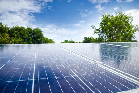 Solar panels to produce and distribute electricity. Energy technology concept
