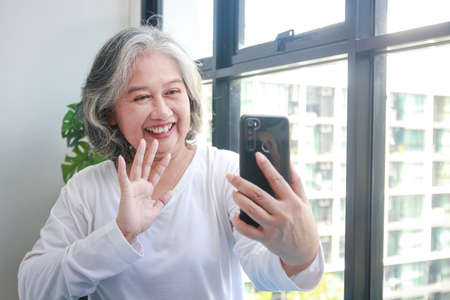 Asian elderly woman live at home holding a smartphone online talking to grandchildren Social distancing during the pandemic. learning communication technology for the elderlyの写真素材