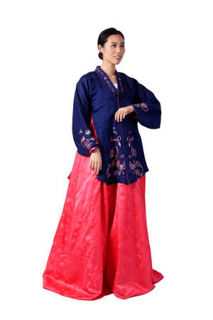 A beautiful Asian woman wearing hanbok is the national dress of Korea. White background. isolated.の写真素材