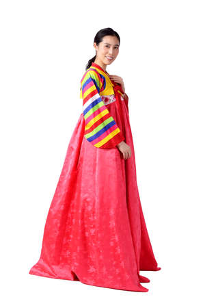 A beautiful Asian woman wearing hanbok is the national dress of Korea. White background. isolated.の写真素材