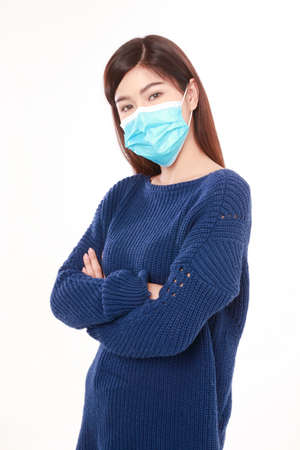 Asian long haired beautiful woman Wear a protective maskの写真素材