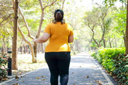 Fat Asian woman wearing yellow blouse Jogging in the morning In the park. Concept of weight loss Exercise for the good health of obese people. Copy spaceの写真素材