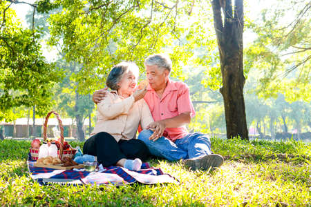 Asian elderly couple picnic in the park They sat on the grass and had baskets of fruit and bread lying next to them. They are enjoying their vacation. The concept of living in retirement to be happy.の写真素材