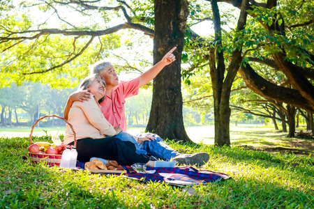 Asian elderly couple picnic in the park They sat on the grass and had baskets of fruit and bread lying next to them. They are enjoying their vacation. The concept of living in retirement to be happy.の写真素材