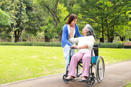 The daughter took her elderly mother in a wheelchair to get fresh air at the park in the morning. Family concept. Health care for the elderly in retirement age. Nursing care for the elderly.の写真素材