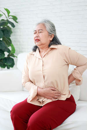 Asian elderly woman sitting on the sofa She had pain in her waist and back. hospital concept Degenerative spinal system of the elderly. Retirement Health Care