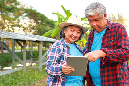 Asian elderly farmer holding a tablet Used to control the solar panel. to use electricity in agriculture. Solar system. concept of using modern agricultural technologyの写真素材