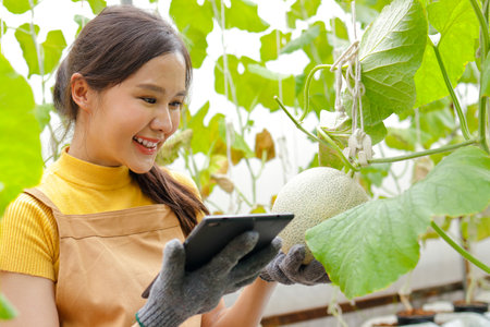 Beautiful Asian woman farmer. Holding a tablet checking the quality of Japanese melon, honey melon, or cantaloupe in the greenhouse. Concepts of modern farming. fruit or health care.の写真素材