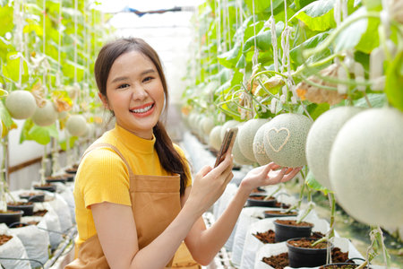 Beautiful Asian woman farming agriculture Grow Japanese melons, honey melons, or cantaloupes in greenhouse. Concepts of modern farming. fruit or health care. summer favorite fruitの写真素材