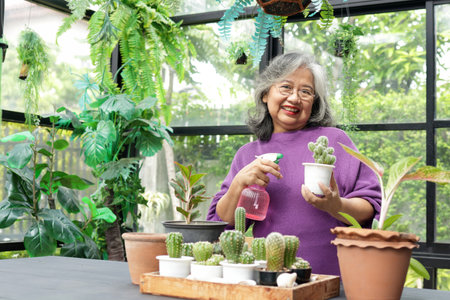 Asian elderly women live at home. she is watering the trees Happy to plant a tree, giving her relaxation and good health. The concept of living for the elderly in retirementの写真素材