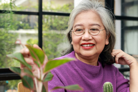 Asian elderly woman living at home She smiled happily planting trees and taking care of them. Keep your mind calm and healthy. The concept of life for the elderly in retirementの写真素材