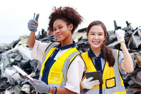 Two female engineers standing outdoors holding data book and tablet Behind is a pile of plastic waste. Or used car parts waiting for recycling. recycling industryの写真素材