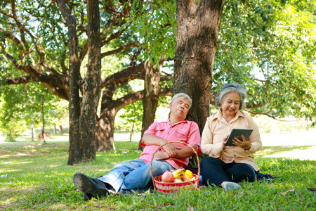 Asian picnic elderly couple relaxing in the park The couple is happy. concept of health care in retirementの写真素材