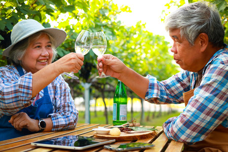An elderly couple working on a farm producing grape wine. Sitting at a wooden table in the vineyard holding a glass of white wine, drinking happily. Agricultural concept. life of the elderlyの写真素材