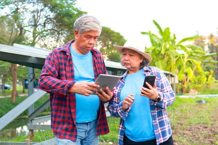 Asian elderly farmer holding a tablet Used to control the solar panel. to use electricity in agriculture. Solar system. concept of using modern agricultural technologyの写真素材