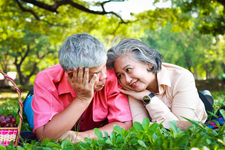 Asian elderly couple having a picnic in the park, smiling, enjoying life. senior health care conceptの写真素材