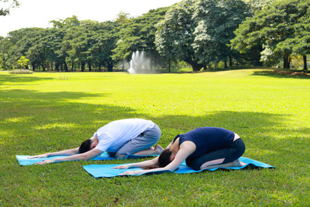 Asian couple exercising and practicing yoga together on the grass in the outdoor park. Sports concept. Maintaining a healthy body. copy spaceの写真素材