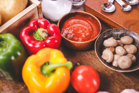 The pizza mix includes tomato sauce, peppers, mushrooms, salt, and other seasonings. Italian food concept, fast foodの写真素材