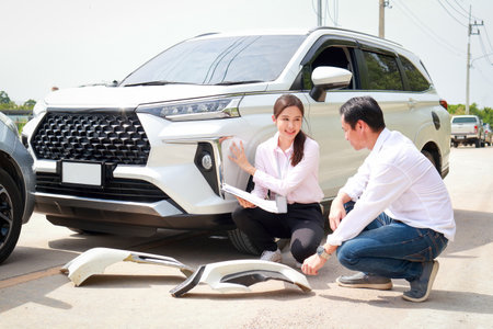 Car insurance agent holding a car accident claim process document form for a client. Transport concept.の写真素材