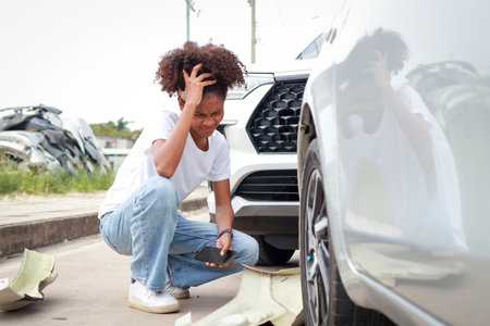 A teenage girl sits stressed after a car crash on the road. The concept of traffic accidents and insurance.の写真素材