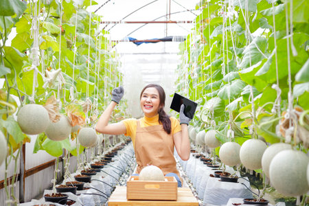 Female farmers in a greenhouse growing melons or cantaloupe checking product quality through tablet. Concept of modern agricultural technology. organic fruitの写真素材