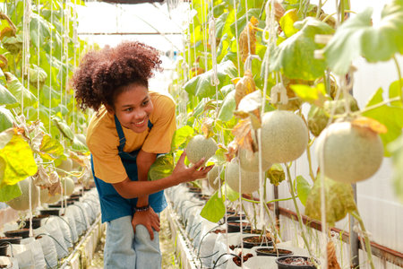 African American female farmer in a greenhouse growing melons or cantaloupe checking product quality. Concept of modern agricultural technology. organic fruitの写真素材