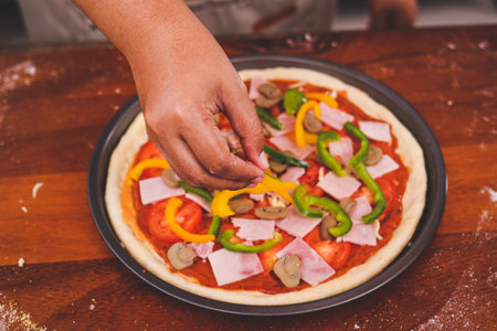Top view, Chef making pizza, Italian food. fast food conceptの写真素材